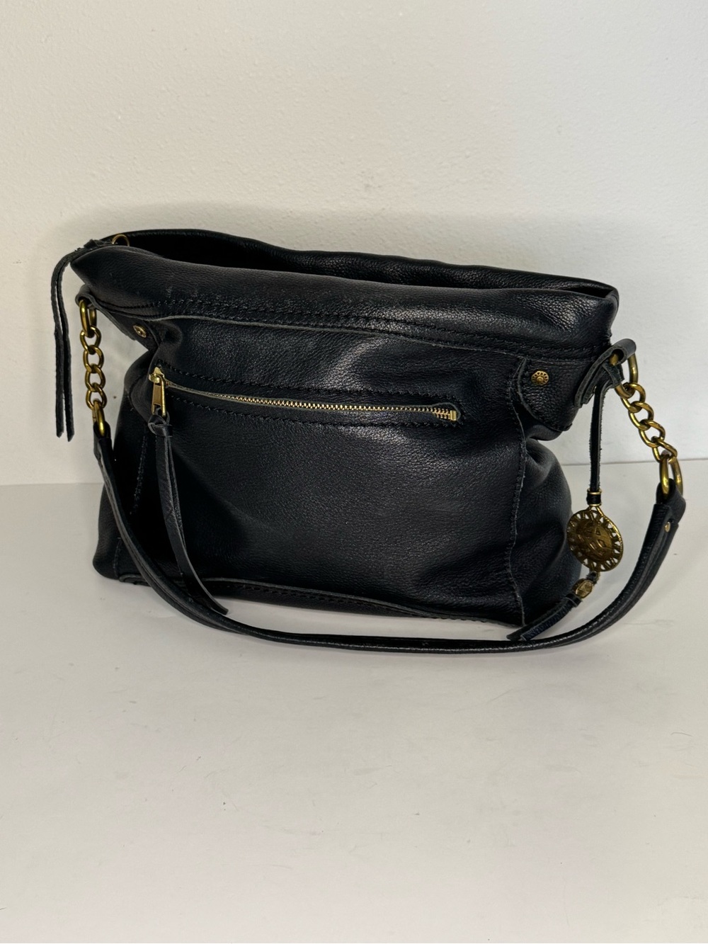 The Sak Soft Black Leather Pebbled Hobo/Shoulder Bag Antiqued Brass Accents